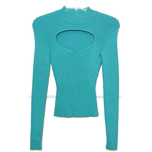 STAUD 90s Turquoise Rib Knit Mockneck Heart Cutout Long Sleeve Slim Fit Top XS - Picture 7 of 12